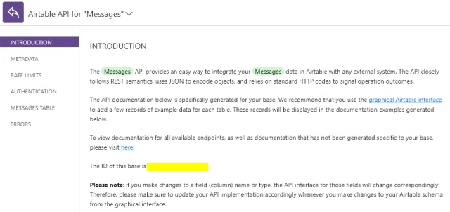 Screenshot of the Airtable API documentation for base screen.