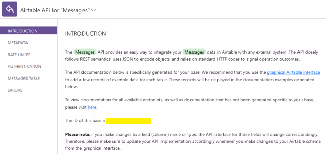 Screenshot of the Airtable API documentation for base screen.