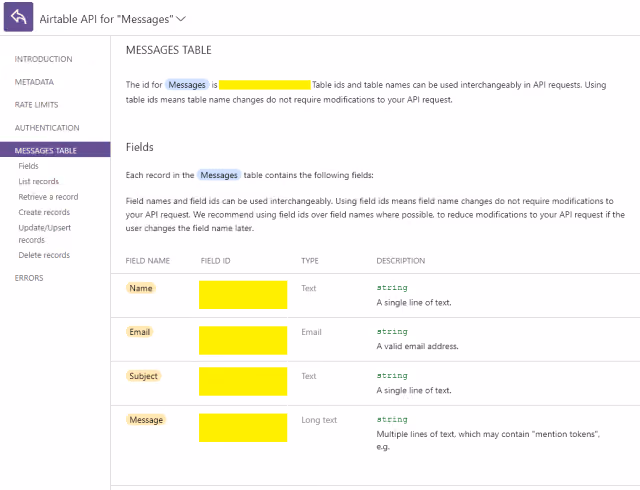 Screenshot of the Airtable API documentation for table screen.