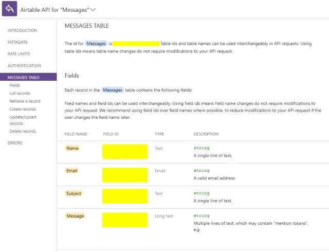Screenshot of the Airtable API documentation for table screen.