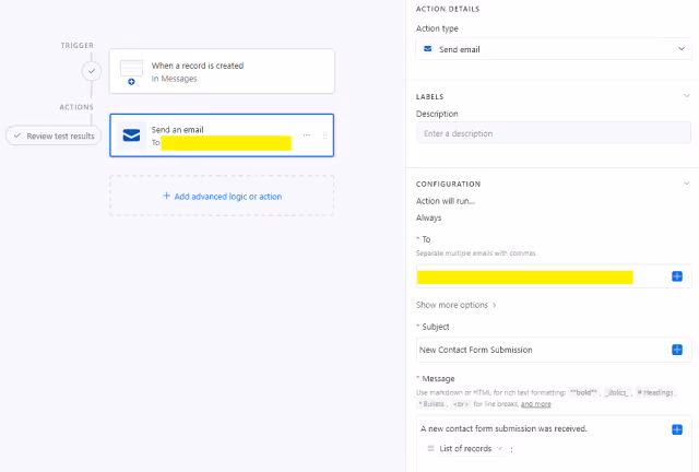 Screenshot of the Airtable Automation screen to send an e-mail notification when a new record is created.