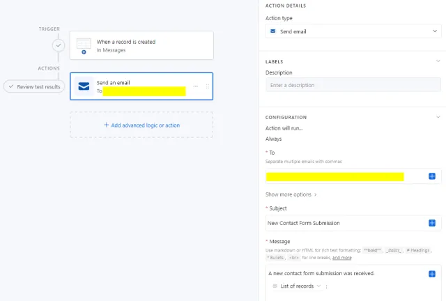 Screenshot of the Airtable Automation screen to send an e-mail notification when a new record is created.