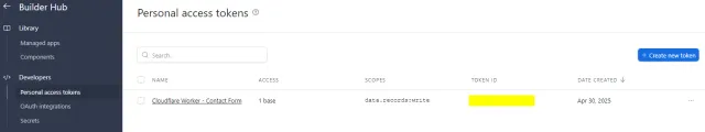 Screenshot of the Airtable Builder Hub Personal Access Token screen.