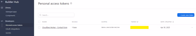 Screenshot of the Airtable Builder Hub Personal Access Token screen.