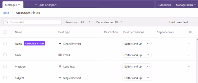 Screenshot of the Airtable table fields configuration screen.
