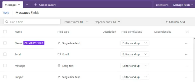 Screenshot of the Airtable table fields configuration screen.