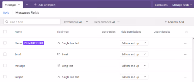 Screenshot of the Airtable table fields configuration screen.