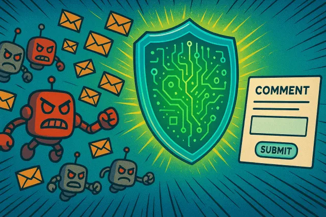 AI generated illustration of a shield blocking bots and spam messages from reaching a comment form.