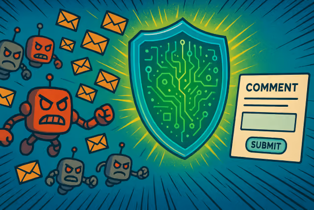 AI-generated image of a shield blocking bots and spam messages from reaching a comment form.