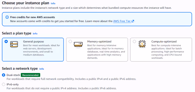 Screenshot of the instance plan options in AWS Lightsail.