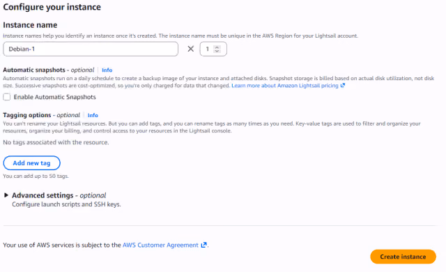 Screenshot of the instance configuration options in AWS Lightsail.