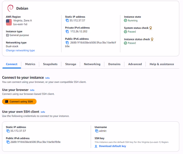 Screenshot of the connect using SSH button in AWS Lightsail.
