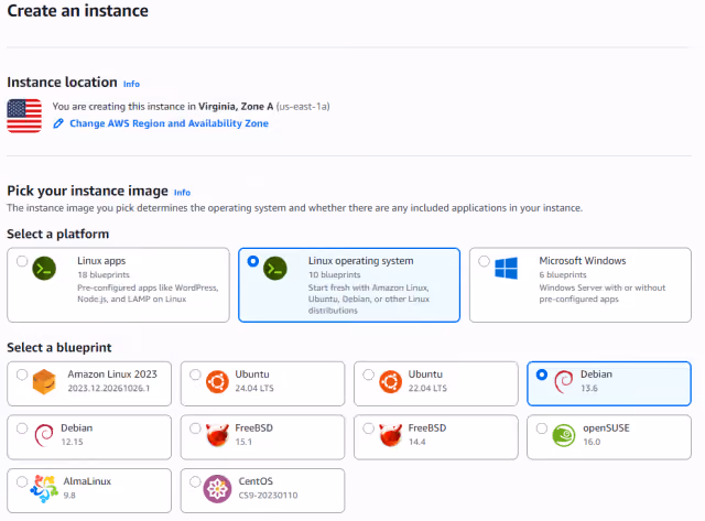 Screenshot of the instance options in AWS Lightsail.