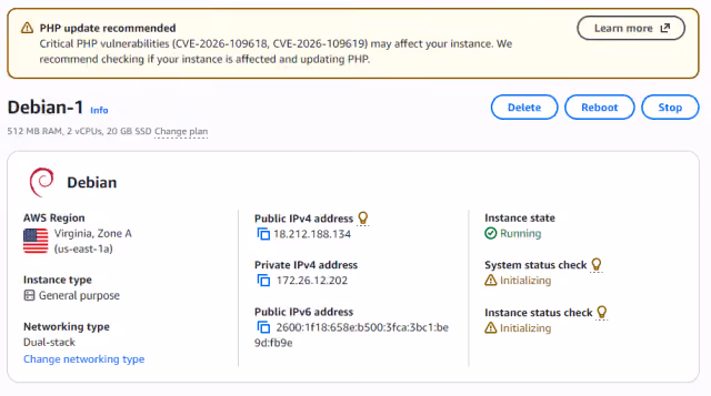 Screenshot of the instance running in AWS Lightsail.