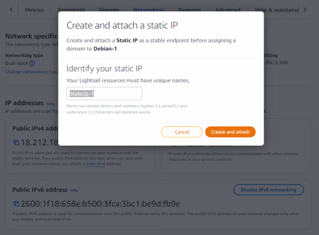 Screenshot of the static IP configuration in AWS Lightsail.