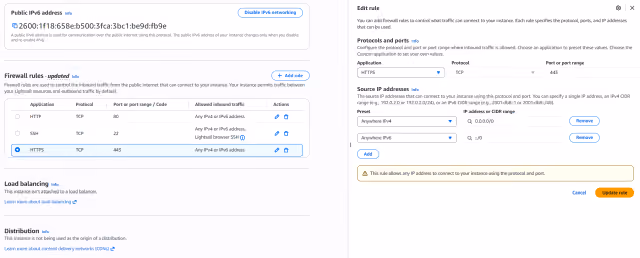 Screenshot of the HTTPS firewall rules configuration in AWS Lightsail.