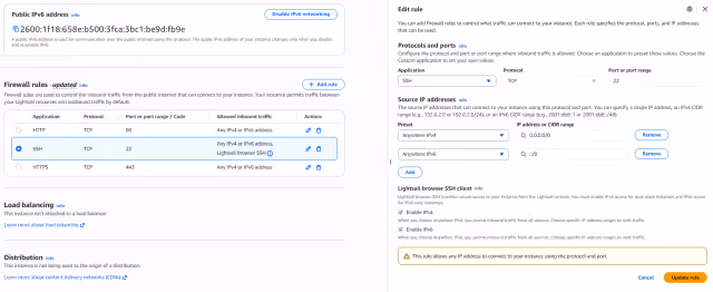 Screenshot of the SSH firewall rules configuration in AWS Lightsail.