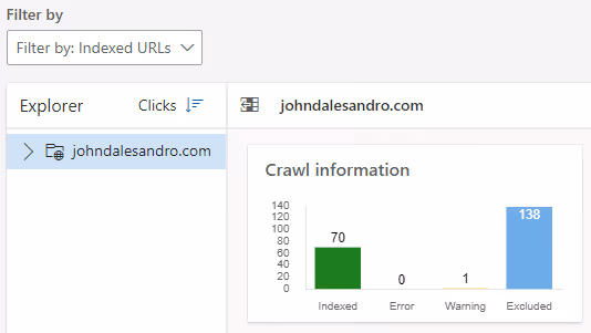 Screenshot of Site Explorer from Bing Webmaster Tools showing indexed URLs.