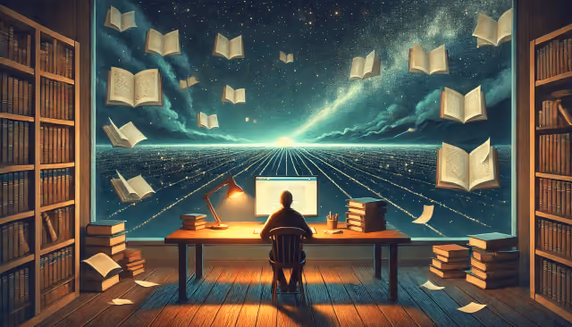 AI-generated image of a persistent author creating and sharing content.