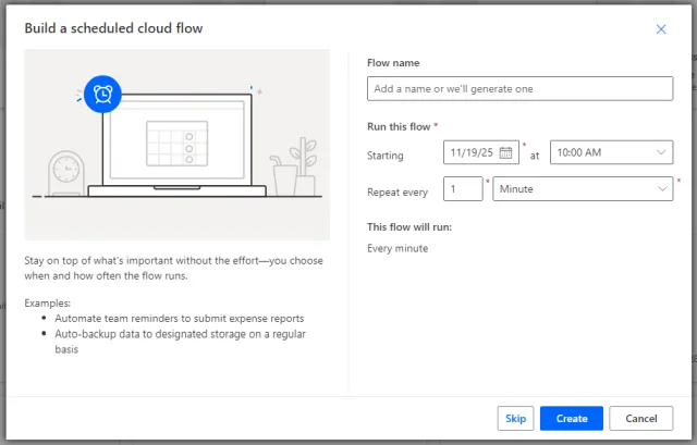 Screenshot of the configuration options to build a scheduled cloud flow in Power Automate.