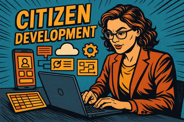 AI-generated image of a citizen developer building an application on a laptop using drag-and-drop tools.