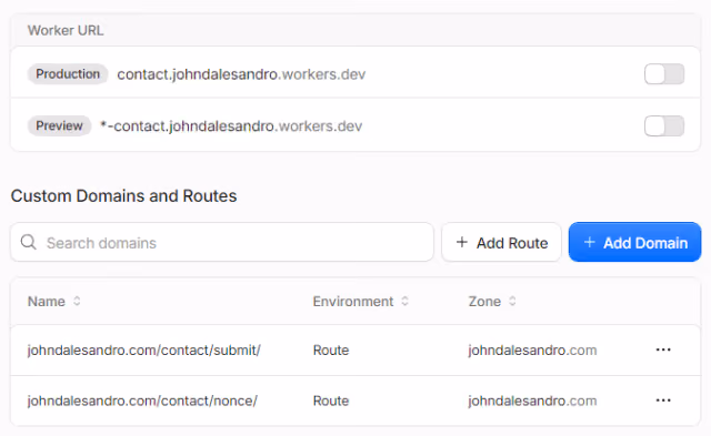 Screenshot of a the Cloudflare Workers Domains and Routes configuration screen.