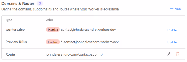 Screenshot of a the Cloudflare Workers Domains and Routes configuration screen.