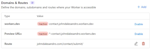 Screenshot of a the Cloudflare Workers Domains and Routes configuration screen.