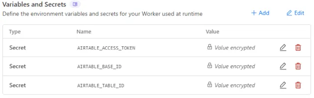 Screenshot of a the Cloudflare Workers Variables and Secrets configuration screen.