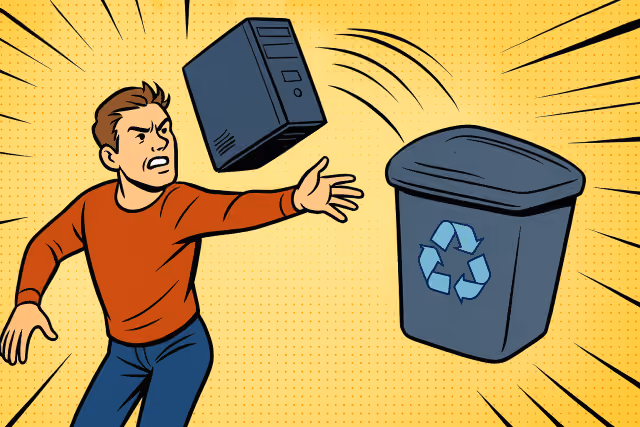 AI-generated image of a man throwing a desktop computer tower into a recycling bin.