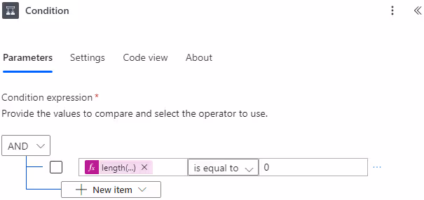 Screenshot of the Power Automate flow condition configuration to check if a file is found in the SharePoint document library.