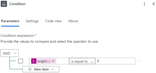 Screenshot of the Power Automate flow condition configuration to check if a file is found in the SharePoint document library.
