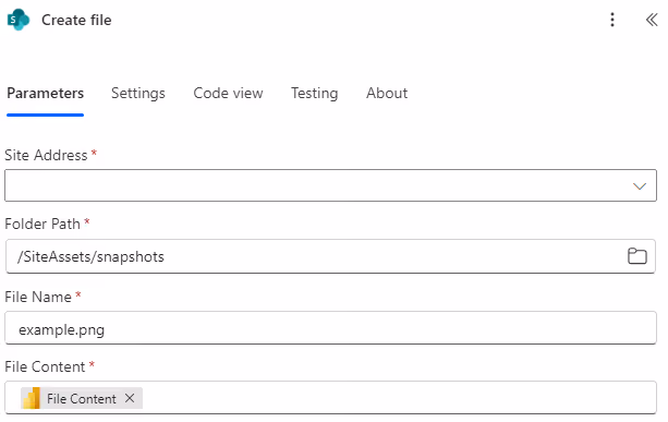 Screenshot of the Create File action configuration in Power Automate.