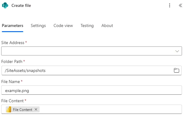 Screenshot of the Create File action configuration in Power Automate.