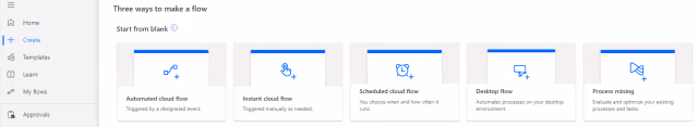Screenshot of the various options to create a new flow in Power Automate.