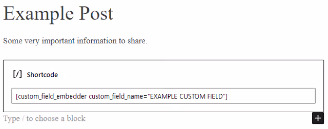 Screenshot of Custom Field Embedder: Add Shortcode to Post.