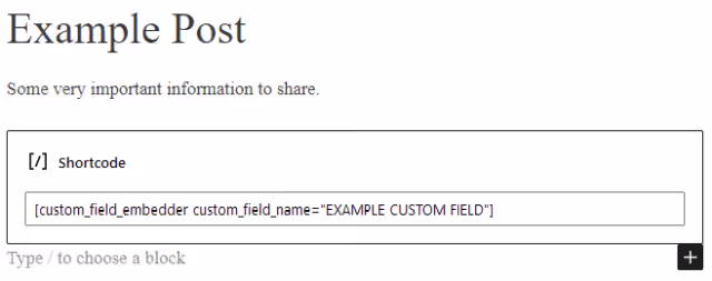 Screenshot of Custom Field Embedder: Add Shortcode to Post.