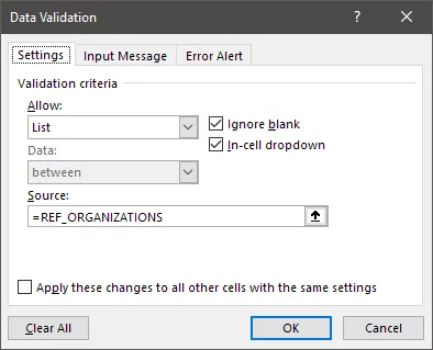Screenshot of the 'Data Validation' configuration for the organization data field in Excel.