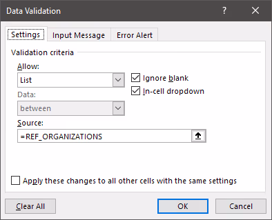 Screenshot of the 'Data Validation' configuration for the organization data field in Excel.