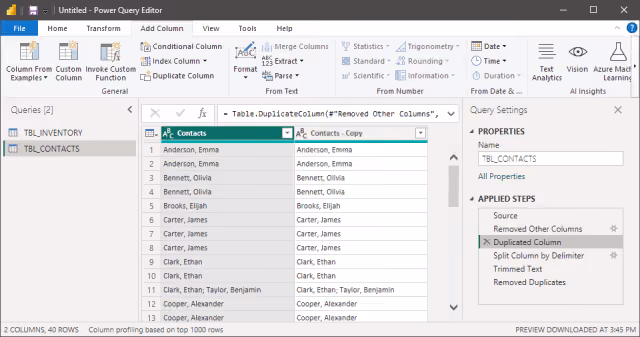 Screenshot of the query step to duplicate a column in Power Query.