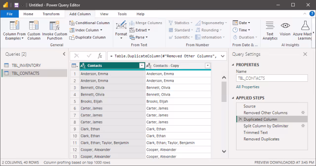 Screenshot of the query step to duplicate a column in Power Query.