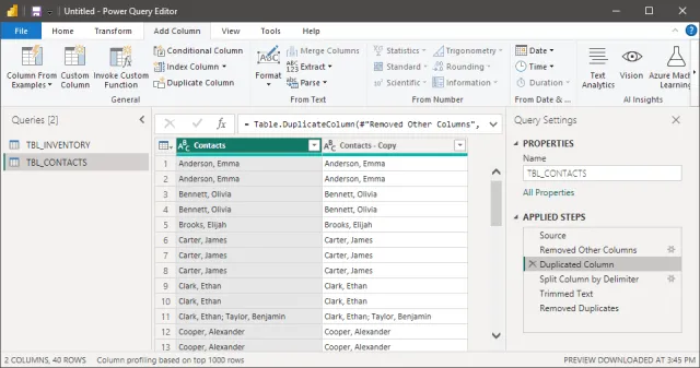 Screenshot of the query step to duplicate a column in Power Query.