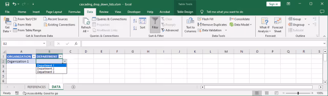 Screenshot of the cascading drop-down list in Excel.
