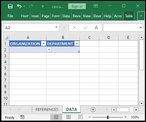Animated screenshot of the fully functioning cascading drop-down list in Excel.