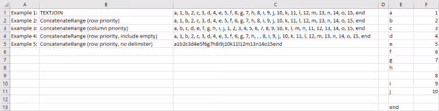Screenshot of various examples of the ConcatenateRange function call results in Excel.