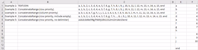 Screenshot of various examples of the ConcatenateRange function call results in Excel.