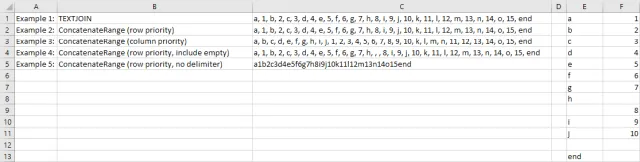 Screenshot of various examples of the ConcatenateRange function call results in Excel.