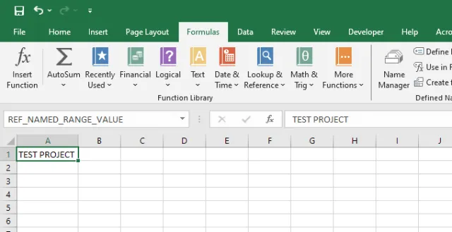 Screenshot of the name box displaying the new defined name in Excel.