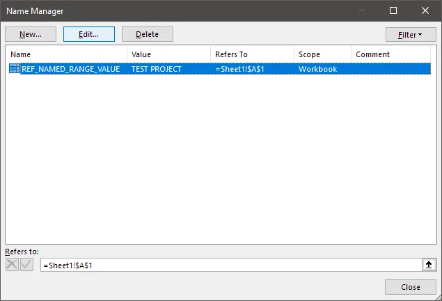 Screenshot of the 'Name Manager' dialog box in Excel displaying newly defined named values.
