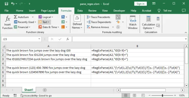 Screenshot of the custom VBA RegExParse function usage in an Excel worksheet formula.